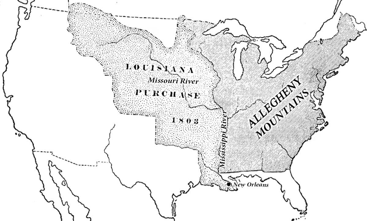 Map of Louisiana Territory Purchase, with Mississippi and Missouri Rivers marked