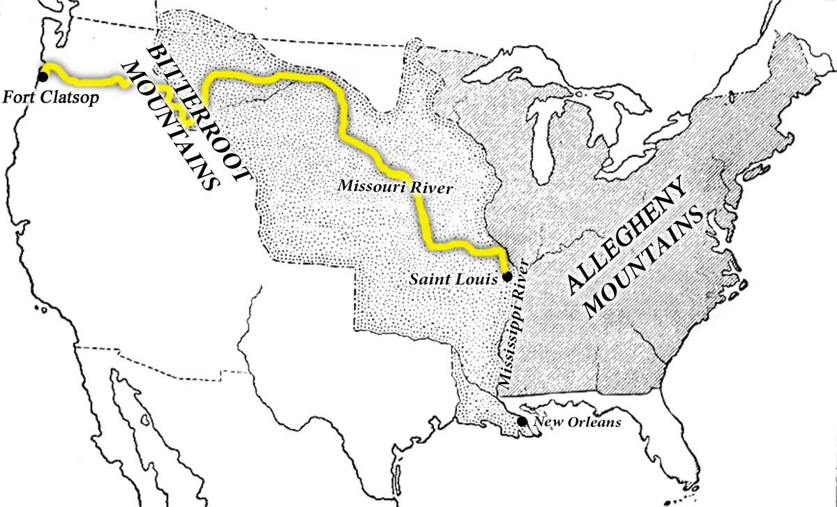 Map showing the route from St. Louis to Fort Clatsup that Lewis and Clark followed