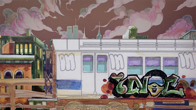 Storyboard illustration of New York City Skyline with a subway train covered in graffiti.
