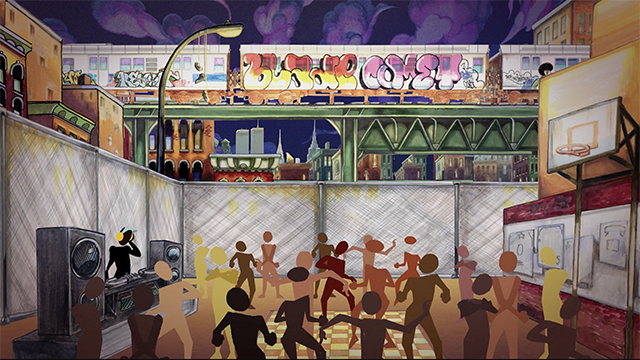Storyboard illustration of a group of people dancing outside on a basketball court under a graffiti-covered train.
