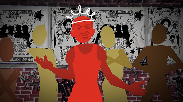 Storyboard illustration of a man preparing to break dance with graffiti crown on his head.