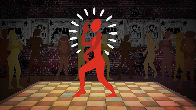 Storyboard illustration of a man break dancing a checkerboard floor.