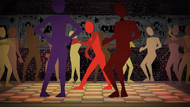 Storyboard illustration of people joining the man on the dance floor.