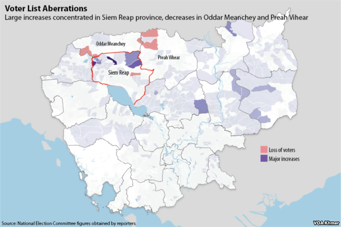 Map of Cambodia showing communes with unusually large increases to the voter lists.