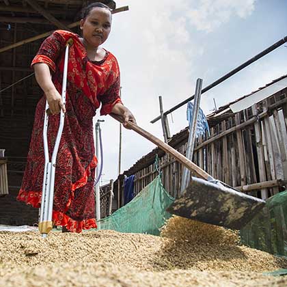 Photo of Rasminah steadying herself with a crutch while using a hoe to work in the field.