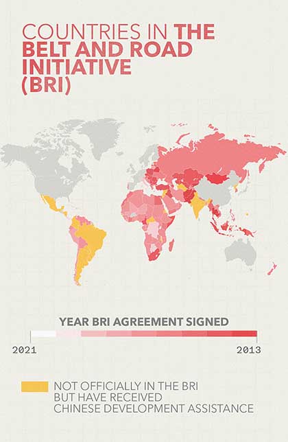 Global map highlighting countries in the Belt and Road Initiative. (Graphic by Walid Haddad for VOA News)