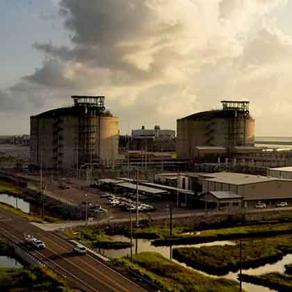 Aerial photograph of a liquified natural gas terminal.