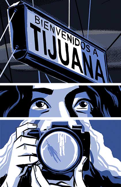 Comic book panels of the Tijuana arch in Mexico, a closeup of a woman's eyes looking up, and camera focusing on a body hanging from a bridge. 