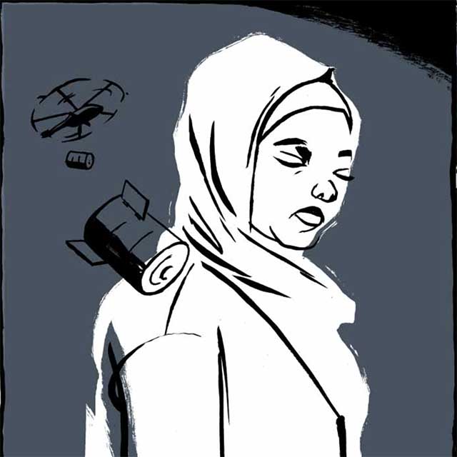 Illustrated portrait of a girl wearing a hijab with a helicopter dropping a barrel bomb behind her.