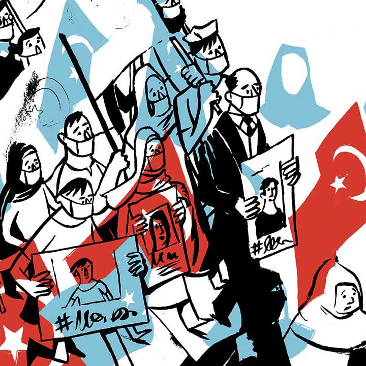 Comic book illustration of a crowd of people marching with Turkish and Uyghur flags.