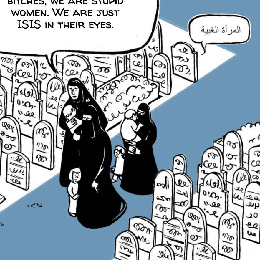 Comic book panel of women wearing niqabs walking in a cemetery.