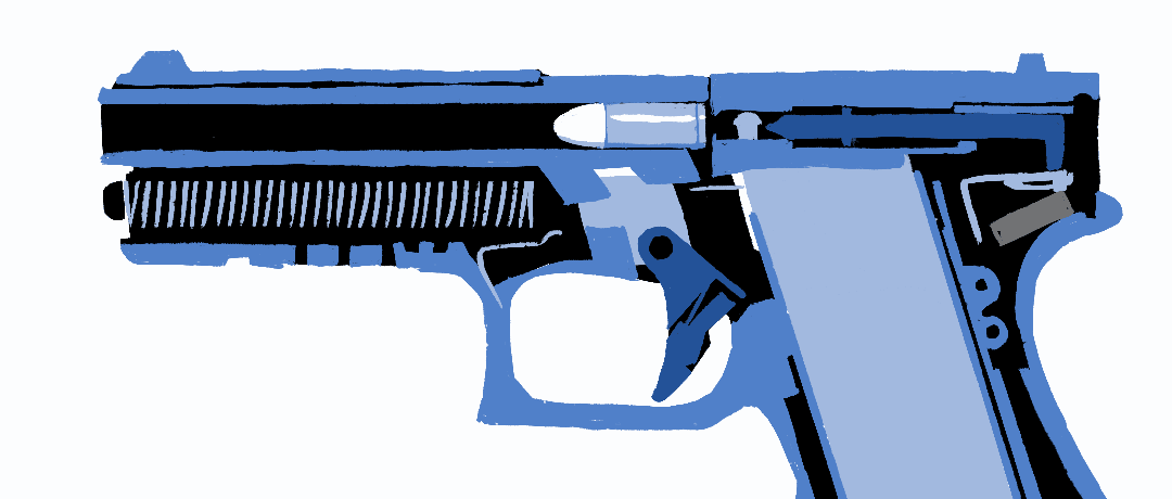 Animated loop of an x-ray view of a handgun trigger being pulled without firing the bullet.