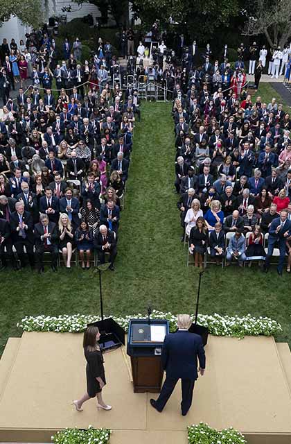 President Donald Trump introduces Supreme Court nominee Amy Coney Barrett in the Rose Garden. AP