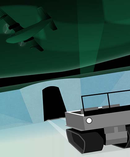 Collaged illustration of a transport plane flying over the entrance to Camp Century.