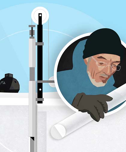 Collaged illustration of an ice core drill with an inset portrait of Willi Dansgaard holding an ice core sample.