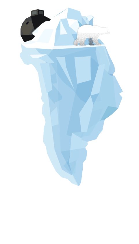 Illustration showing the map of Greenland as iceberg melting, with a polar bear and research facility above the water line.