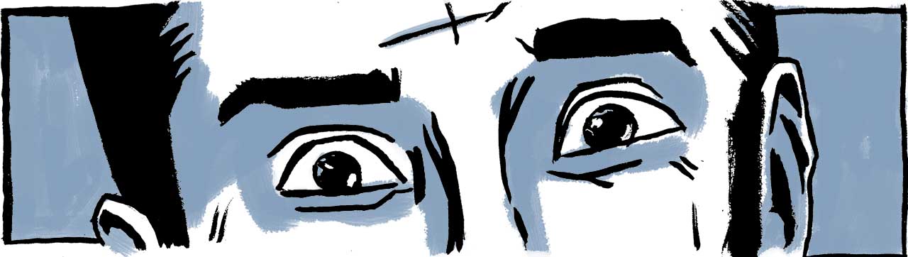 Closeup of Samara's eyes opened wide in shock. Comic book drawing.