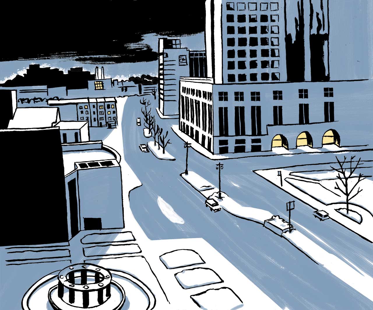 Wide shot of downtown Milwaukee. Comic book drawing.