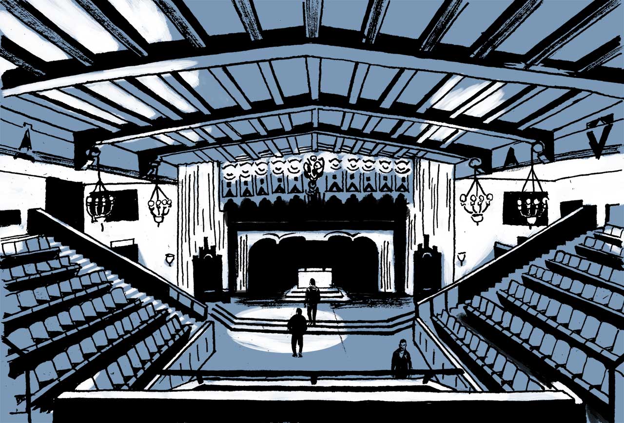 Inside the masonic temple's large meeting hall. Comic book drawing.