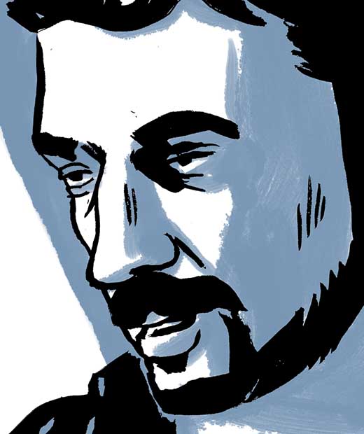 A closeup portrait of Samy Hamzeh speaking. Comic book drawing.