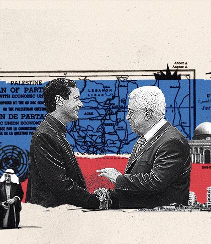 Ilustrasi kolase dengan Mahmoud Abbas dan Isaac Herzog (Ilustrasi oleh Walid Haddad untuk VOA News) 