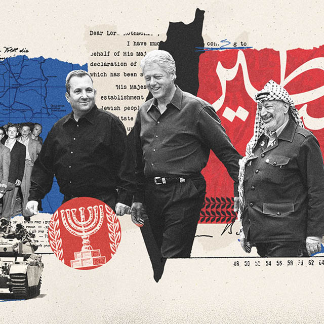 Ilustrasi kolase empat usulan untuk menyelesaikan konflik Israel/Palestina, dengan Ehud Barak, Bill Clinton dan Yasser Arafat. (Ilustrasi oleh Walid Haddad untuk VOA News)