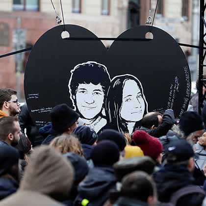 A vigil for Kuciak and Kusnirova is held in Bratislava, on February 21, 2020, on the second anniversary of the couple’s murder.  