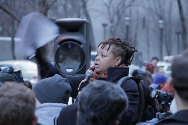 Amanda Lugg speaks at a memorial rally for Ugandan LGBT activist David Kato, who was murdered in 2011, at Dag Hammarskjold Plaza, opposite the United Nations headquarters, in New York City. 