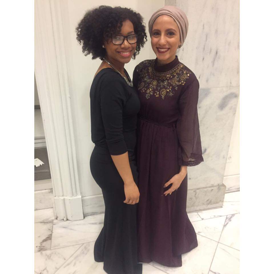Aya Elamroussi, right, and her roommate Chelsia Melendez attend an American University Founders Ball.