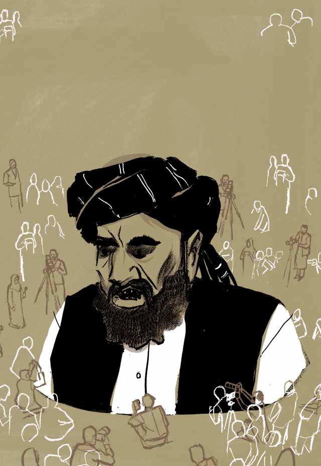 Illustration of journalists surrounding oversized figure of Taliban spokesman.