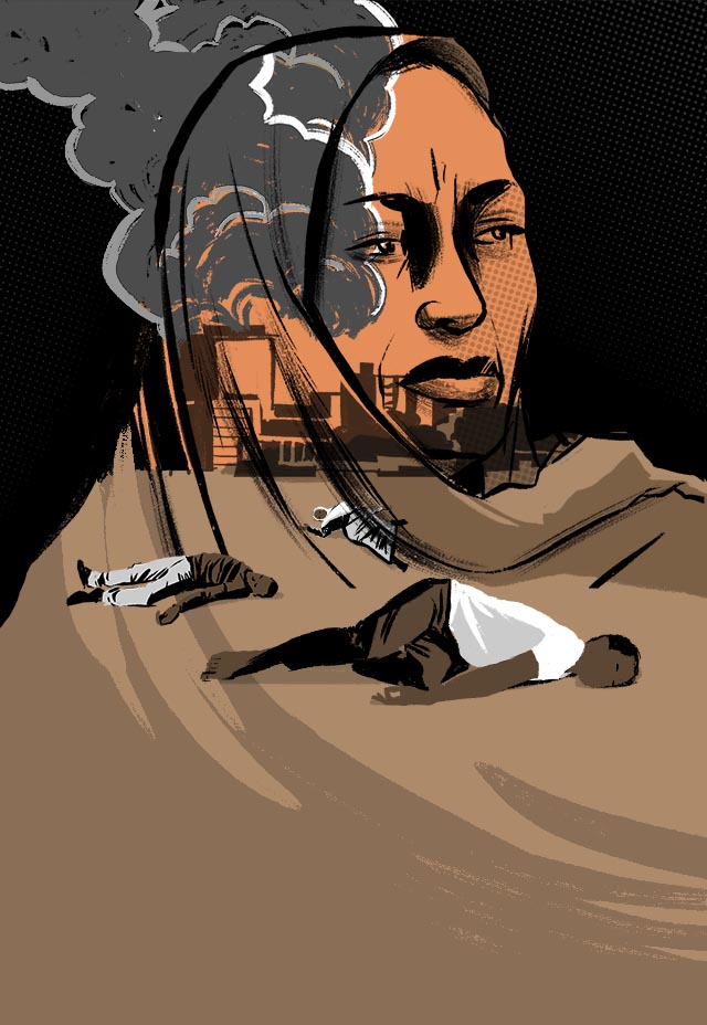 Illustrated portrait of a woman overlayed on a smoking urban skyline with dead bodies on the ground.