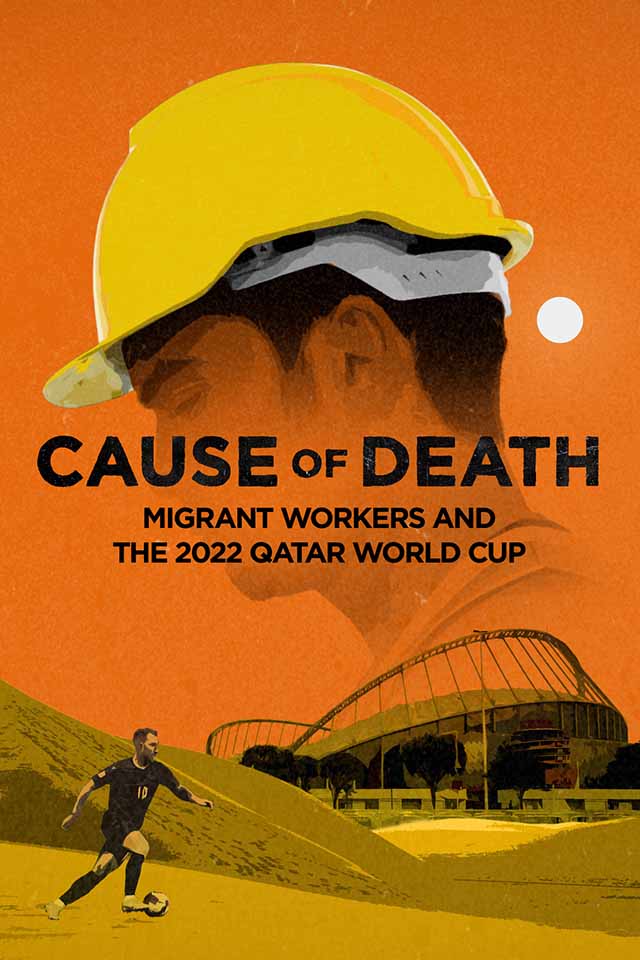 ‘Cause of Death’ documentary poster image showing of soccer player playing in front of a stadium, under the silhouette of construction worker in the sky. 