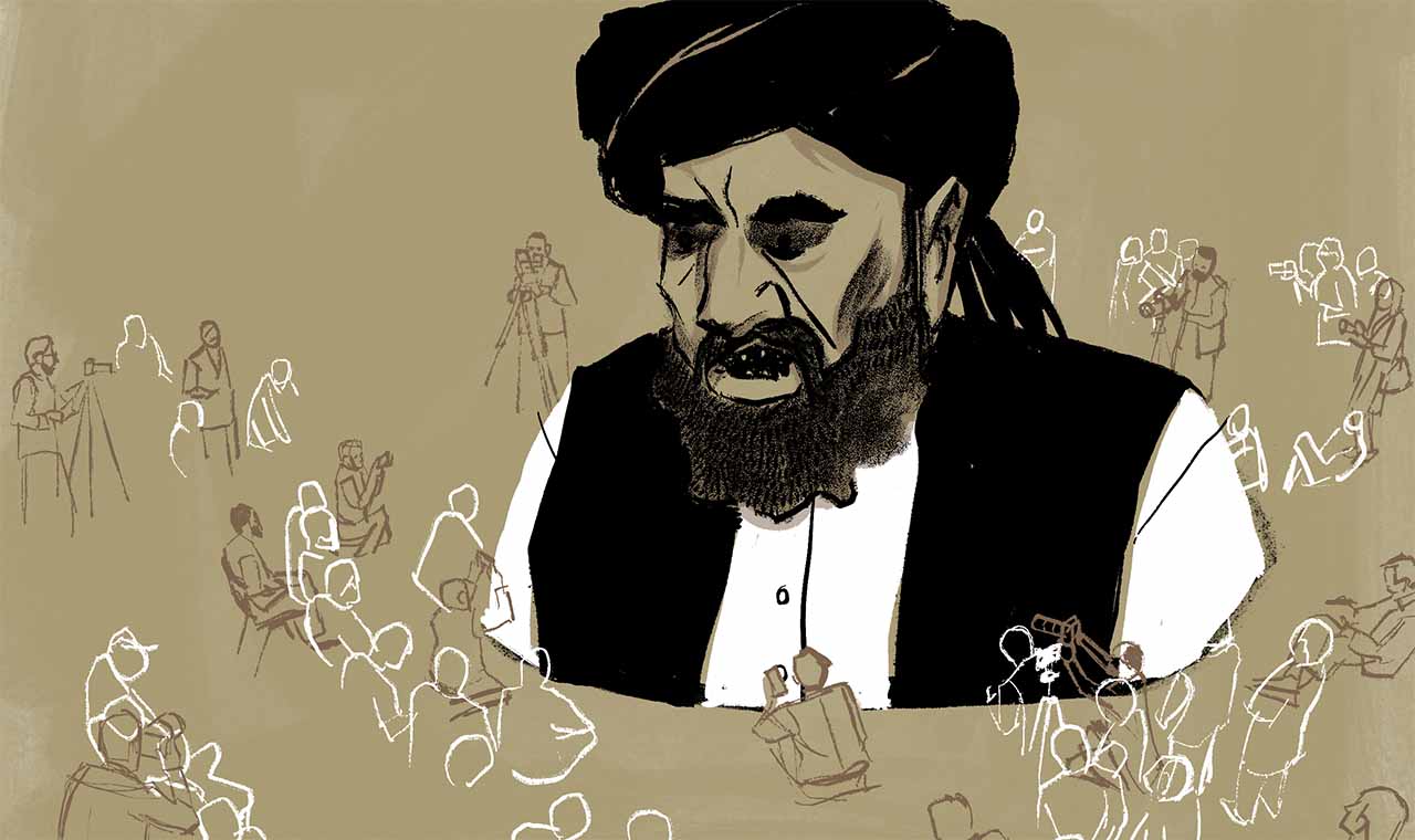 Illustration of Afghan journalists interviewing a large Taliban spokesman