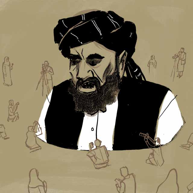 Illustration of journalists interviewing Taliban spokesman. (Brian Williamson | VOA News)