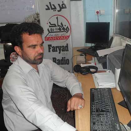 Khalil Amiri at his flagship outlet, Radio Faryad, in Herat. 