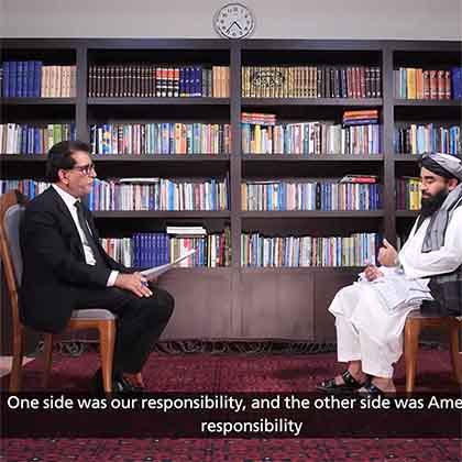 Khpalwak Sapai interviews Taliban spokesman Zabihullah Mujahid in October, 2021. 