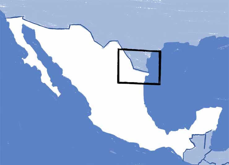 A map of northern Mexico, marking Rio Bravo near Reynosa, Mexico.