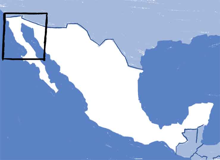 An area of detail map highlighting Baja California, Mexico. 