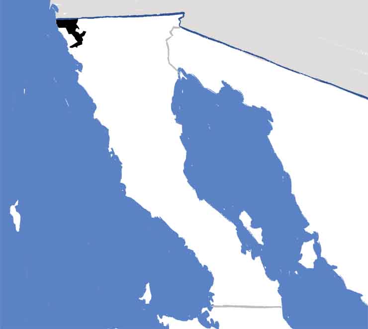 A map of Baja California, Mexico, showing the city of Tijuana at the Mexico-United States border. 