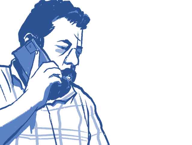 A comic book drawing of a man talking on a cell phone.