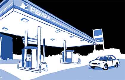 A comic book drawing of a gas station at night.