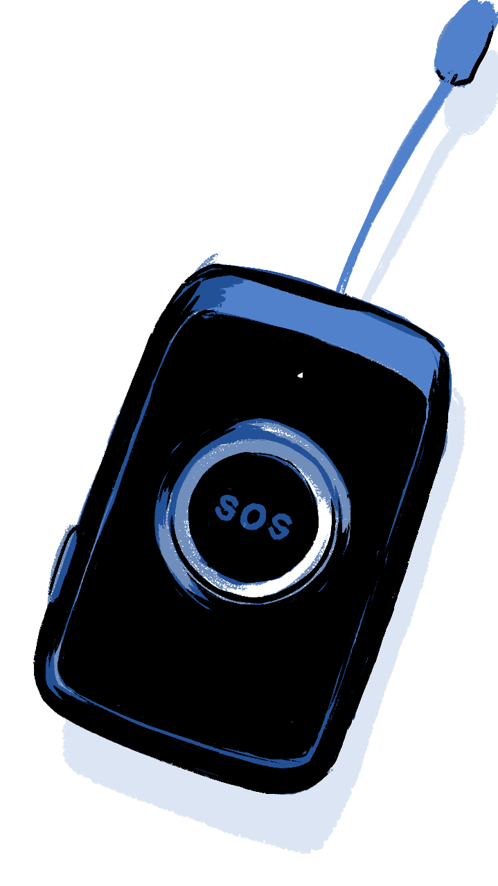 Small handheld device with an antenna, and a button in the middle that reads, 'SOS'