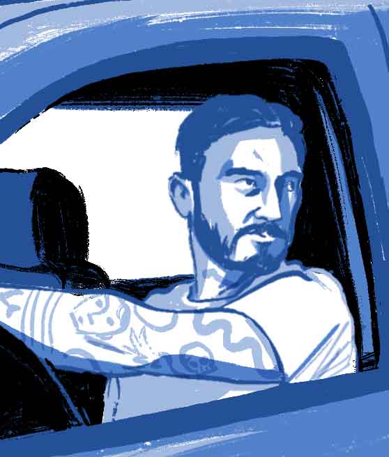Man talking out truck window. Comic book drawing.