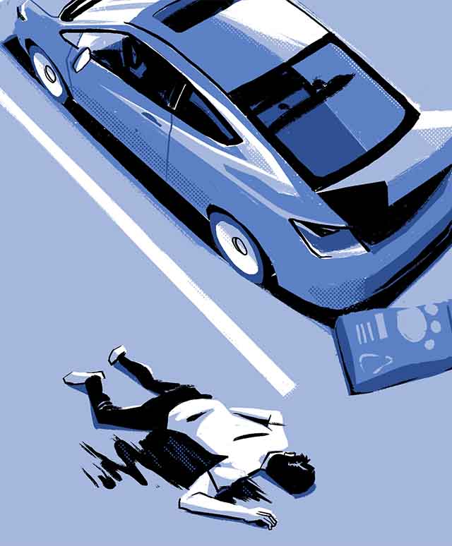 Comic book illustration of a dead man lying beside a car with the trunk open.