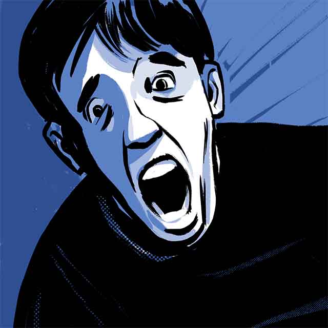 Comic book illustration of a close-up of a teenage boy screaming. 