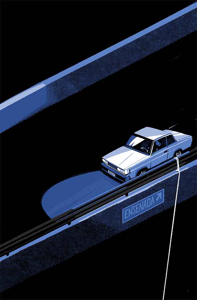 Comic book illustration of García’s car on the road at night. 