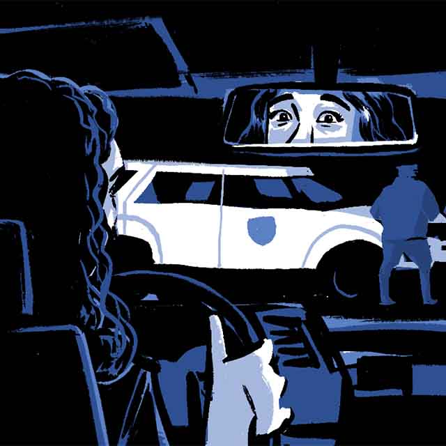 Ilustración en viñeta de García quien mira a través del parabrisas el auto de la policía en la escena del crimen.