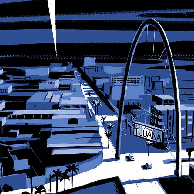 Comic book illustration of an aerial view of downtown Tijuana at night. 