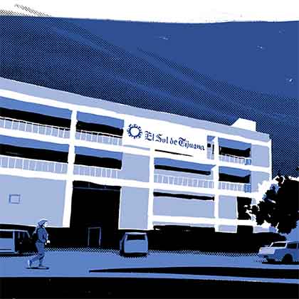 Comic book illustration of the exterior of the El Sol de Tijuana building. 