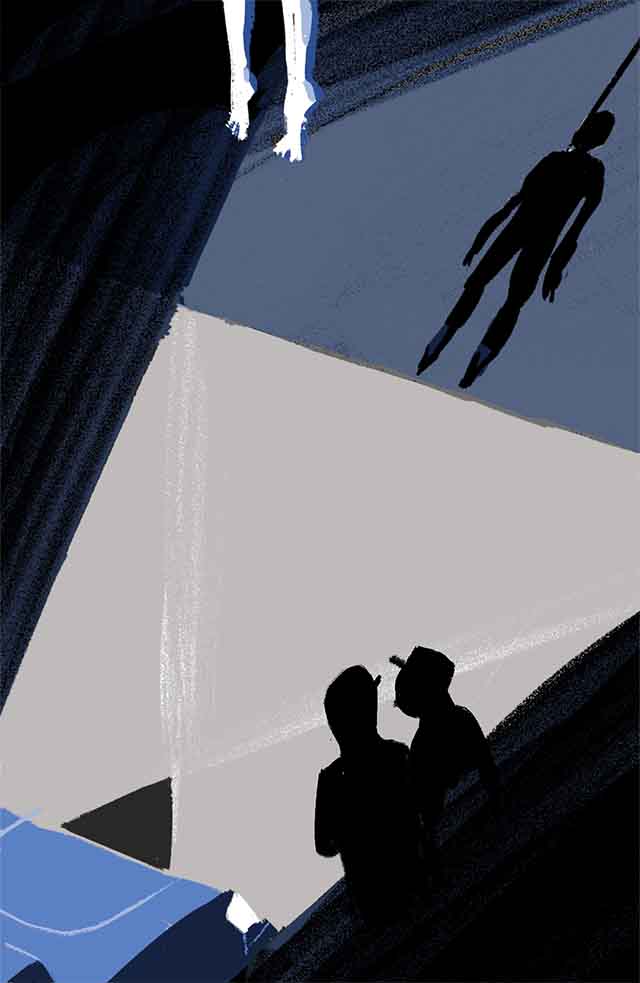 Comic book illustration of a shadow of a man hanging from a bridge by a noose.  